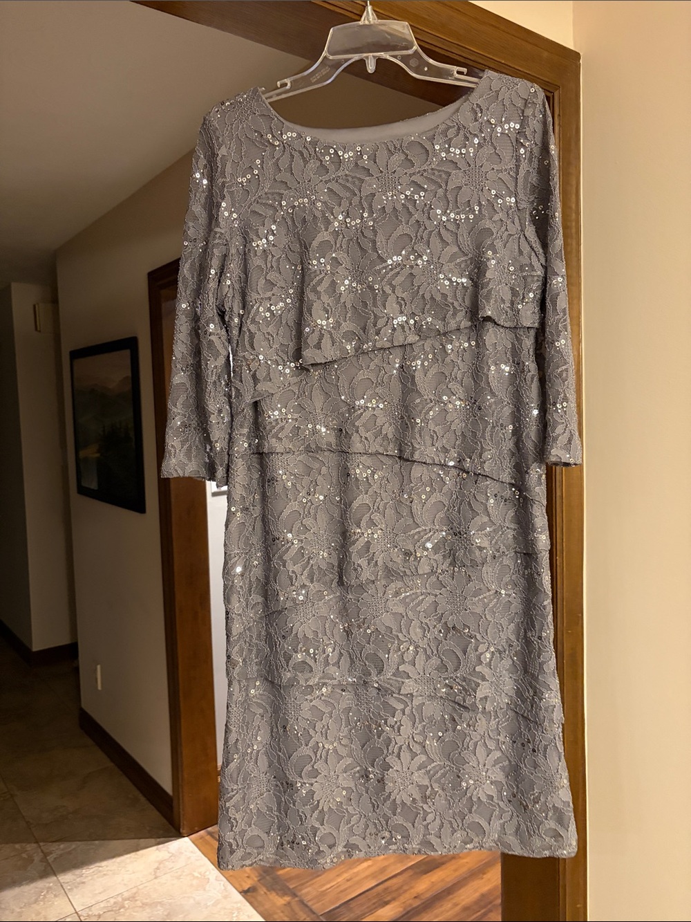 cleo Silver-Gray Lace Sequin Long Sleeve Dress